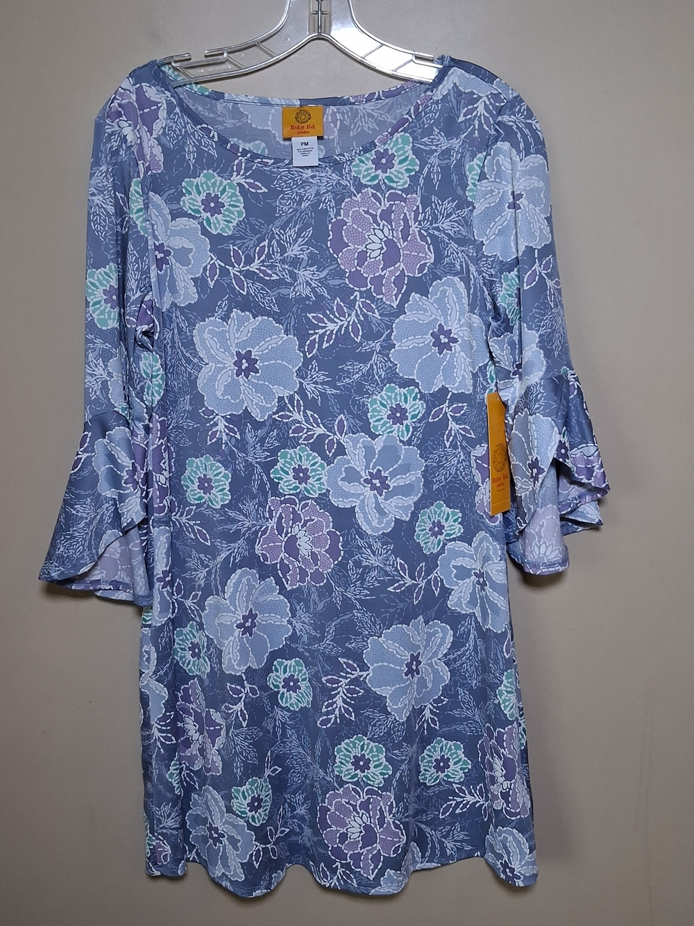 Ruby Rd. Women's NWT Purple Floral Round Neck 3/4 Sleeve Mini Dress; Size PM